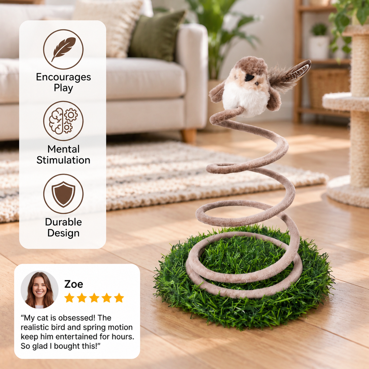 Interactive Spring Bird Cat Toy with Grass Base