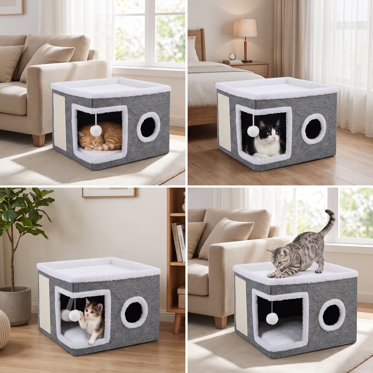 Modern Foldable Cat House with Double-Sided All-Season Cushion & Hanging Toys