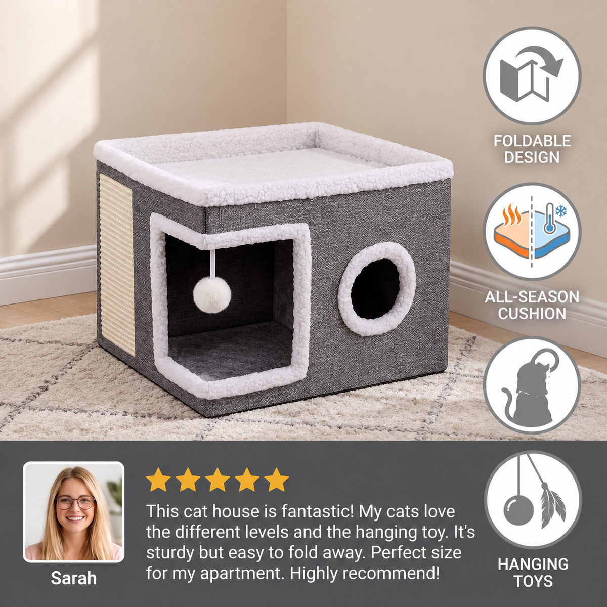 Modern Foldable Cat House with Double-Sided All-Season Cushion & Hanging Toys