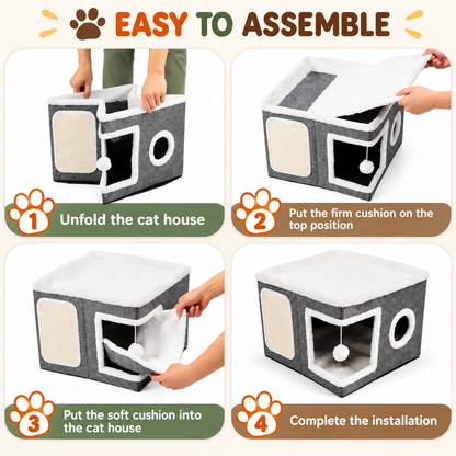 Modern Foldable Cat House with Double-Sided All-Season Cushion & Hanging Toys