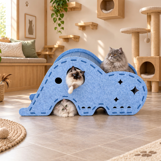 Elephant-Shaped Felt Cat Play Tunnel & Cozy Bed – Foldable and Connectable Design